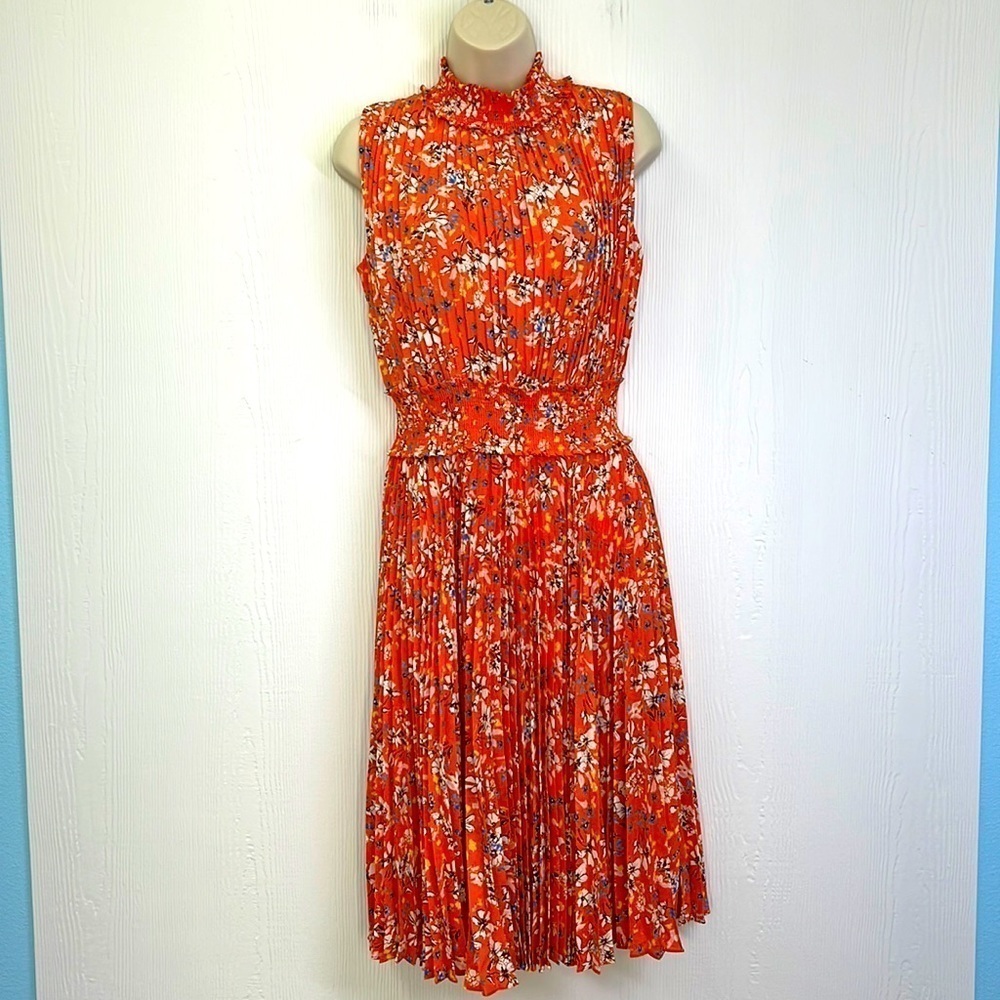 Nanette Lepore - Orange Multi Floral Pleated Sleeveless Midi Dress Size 8 - Picture 1 of 12